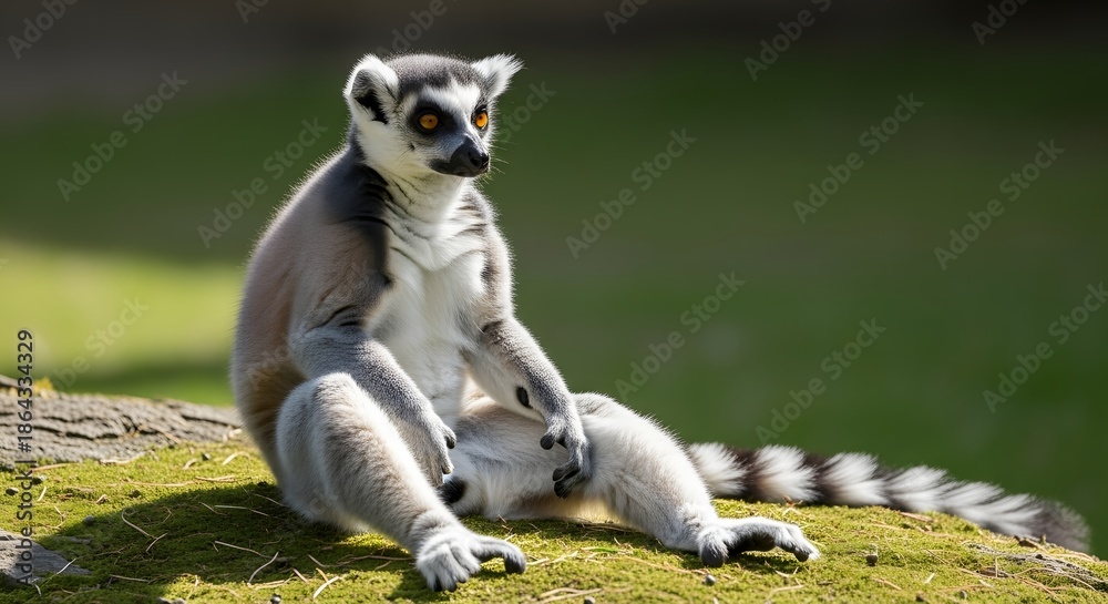 Obraz premium A captivating wildlife portrait showcasing a ring-tailed lemur, a fascinating primate with its iconic striped tail, resting gracefully amidst lush greenery, a true symbol of biodiversity