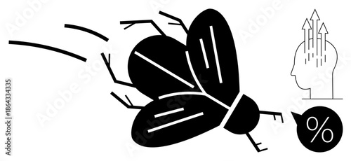 Business concept. Business symbols such as a fly and a percent symbol highlight creative growth and expansion of ideas. Business growth, creativity, data trends, analytics, innovation