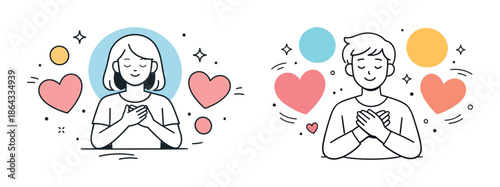Mindful happiness: young caucasian female and male practicing gratitude with hearts and circles