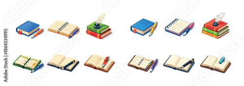 Assorted books and writing tools: notebooks, pens, quill, open and closed books on white background