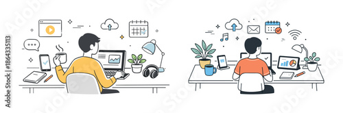 Remote work setup with technology and office supplies