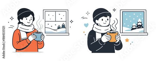 Smiling young male enjoying hot drink indoors during snowy winter day