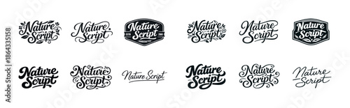 Nature script logo design variations with elegant typography and floral elements