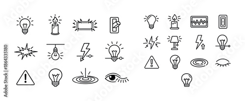 Black and white electrical symbols set: bulbs, switches, lightning, alerts, eyes