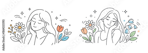 Young female enjoying nature with floral elements and peaceful expressions