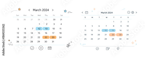 March 2024 calendar layouts with highlighted dates and icons