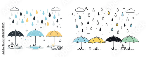 Colorful umbrellas and raindrops with simple illustrations of rainy weather