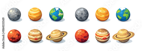 Colorful cartoon planets collection: earth, mars, saturn, mercury, venus, jupiter