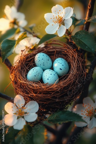 A bird's nest holds four blue eggs with spots, nestled amongst white flowers and green leaves on a branch. AI.