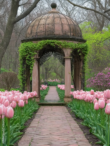 Brick path lined with pink tulips leads to a gazebo covered in vines, with trees in the background. AI.