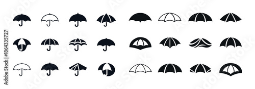 Diverse umbrella icons set in monochrome