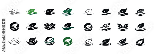 Collection of minimalist leaf logos with water elements in various designs