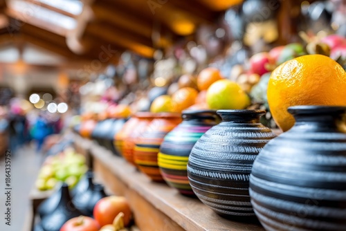 Colorful artisan ceramic vases with patterned designs displayed on market stall near fresh fruits