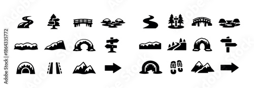 Set of various landscape icons: mountains, roads, signs, tunnels, arrows