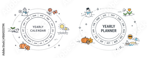 Circular yearly calendar and planner with seasonal illustrations