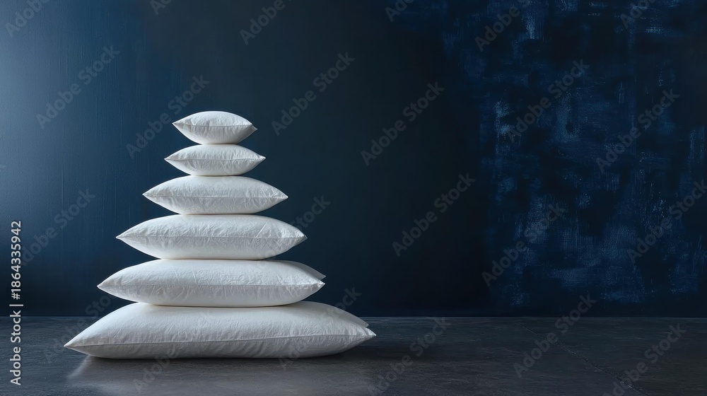 Obraz premium Stack of six white pillows against a dark blue backdrop. AI.