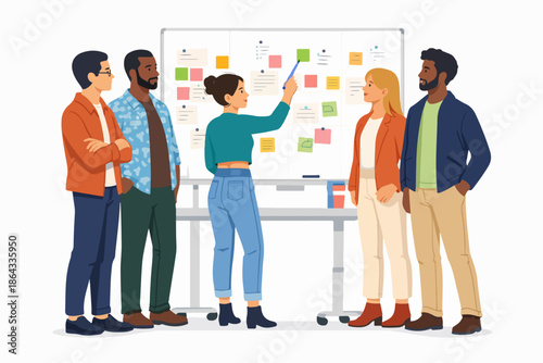 Employees exchanging ideas in front of a board in an office environment.