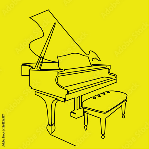 A classical grand piano with black and white keys creates a melodic sound, featuring an artistic illustration of musical notes for a jazz or concert performance