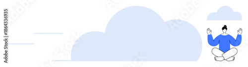 Relaxation, mindfulness, spiritual wellness, stress relief, mental clarity, cloud computing. A person meditating in front of cloud shapes. Mindfulness and spiritual wellness