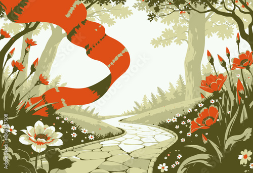 Enchanting Garden Pathway with Vibrant Flowers and Flowing Red Ribbon Under a Canopy of Lush Green Trees on a Sunlit Day