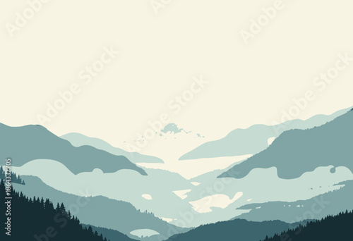 Misty Mountain Range with Lush Forest and Serene Valleys Under a Soft Morning Light Creating a Tranquil and Peaceful Natural Landscape Scene