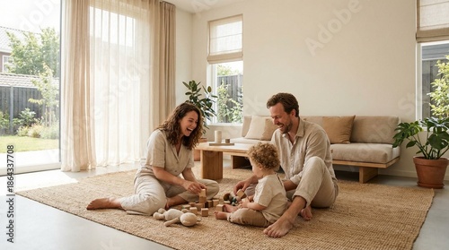 Authentic lifestyle photo of a happy family spending time together in a bright living room, parents and child playing on the floor, natural daylight, warm color tones, candid interaction, modern minim