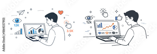 Young caucasian male analyzing data on laptop with graphs and charts