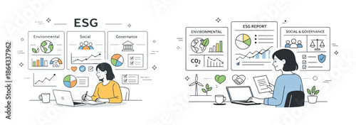 Caucasian female adult analyzing esg reports with charts and graphs in office setting