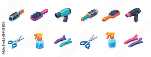 Colorful hair styling tools collection: brushes, dryers, scissors, and clips