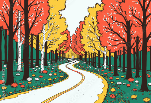 Colorful Autumn Pathway Meandering Through a Vibrant Forest of Red and Yellow Trees with Flower-Filled Grass Edges Underneath a Clear Blue Sky