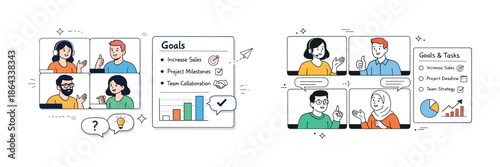 Virtual meeting with diverse team discussing goals and tasks