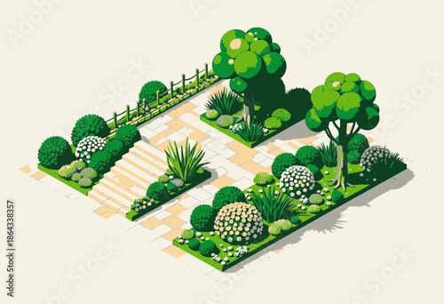 Beautifully Designed Geometric Garden with Lush Greenery Featuring Trees, Shrubs, and Pathways in a Modern Landscape Layout for Outdoor Enjoyment