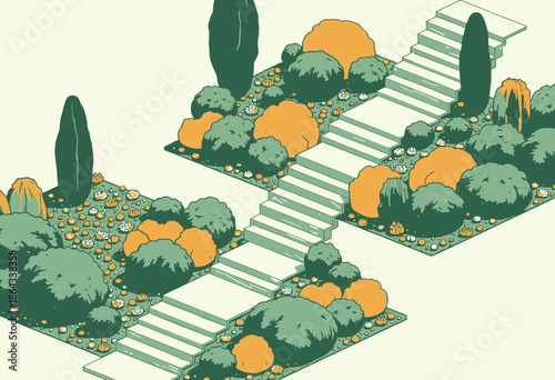 Illustration of Modern Geometric Garden with Vibrant Bushes, Tiered Steps, and Abstract Plant Arrangements in a Harmonious Landscape Design