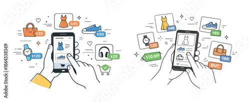 Online shopping and e-commerce illustration with mobile devices and fashion items