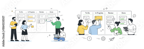 Diverse team collaborating on project with whiteboard workflow diagram