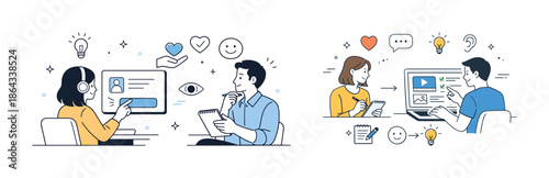 Illustrations of people working and interacting with technology in office settings