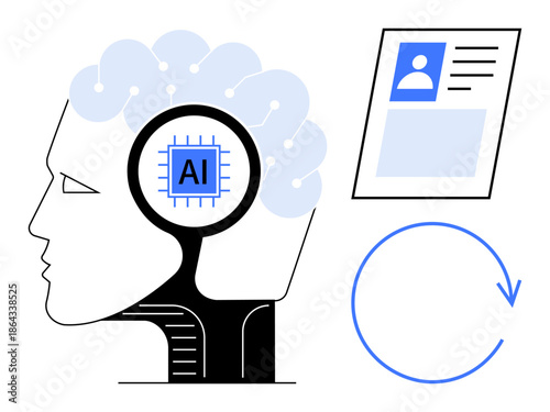 Artificial intelligence concept. Artificial intelligence ed by human mind, AI chip, and data elements. Artificial intelligence enhancing data analysis, automation, and innovation. For tech