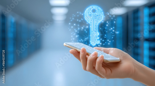 Hand holding smartphone with glowing digital key hologram symbolizing mobile security and data access in server room