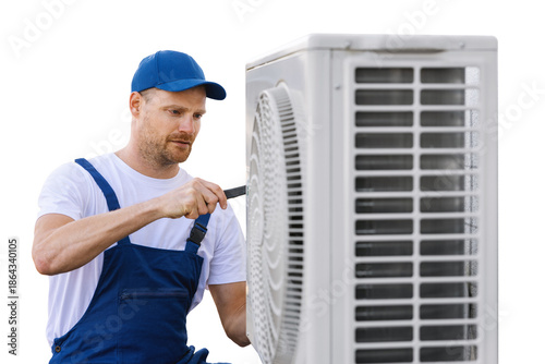 technician working on air conditioning or heat pump outdoor unit. HVAC service, maintenance and repair. isolated on white or transparent background
