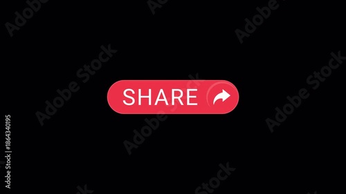 Animation of a YouTube share button with text and icon.  Isolated on a black background with an alpha channel.
