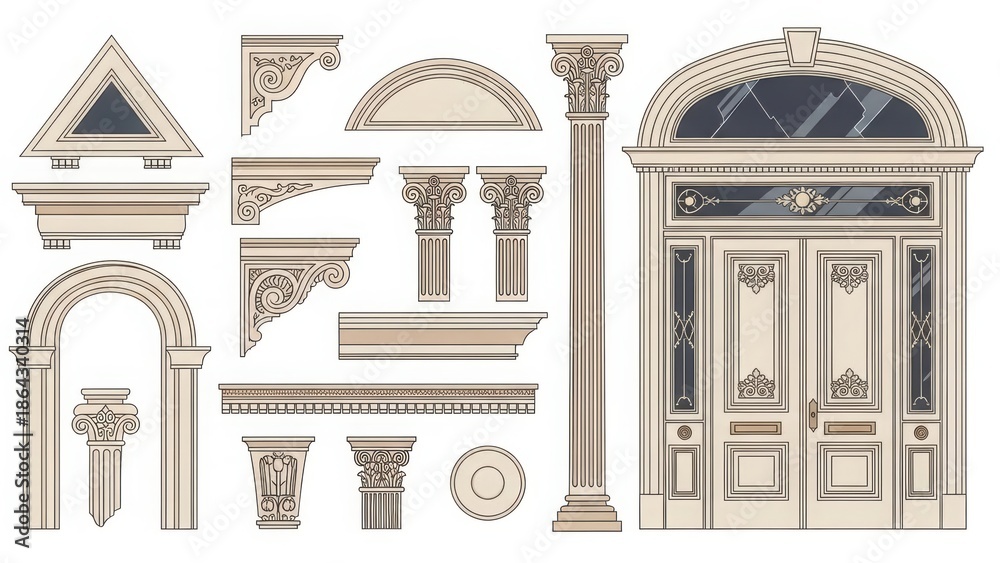 Fototapeta premium Architectural elements doorway arch column facade decorative details classical design inspiration