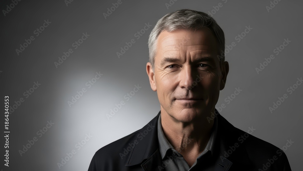 Obraz premium Serious and confident man with intense gaze on grey background (गंभीर और आत्मविश्वासी)