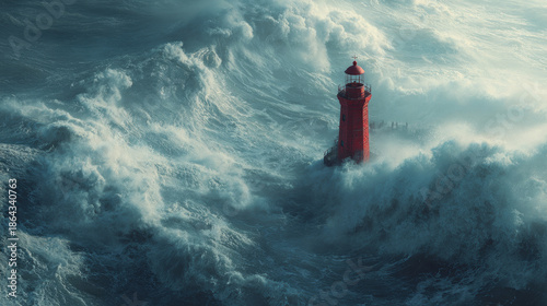 Large ocean waves and a red lighthouse during a powerful storm in the ocean