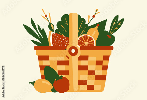 Vibrant Illustration of a Picnic Basket Brimming with Fresh Fruits and Vegetables Highlighting Healthy Eating and Sustainability