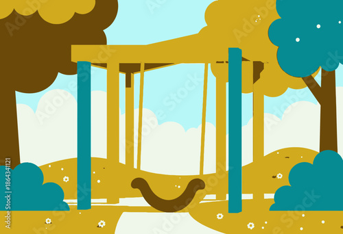 Colorful Playground Swing Surrounded by Lush Greenery on a Sunny Day with Fluffy Clouds and Clear Blue Sky