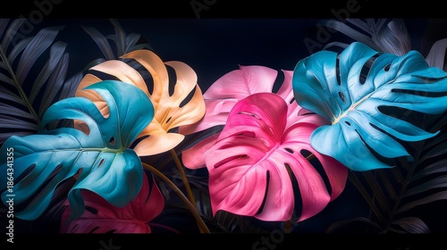 Monstera illustration single arrangement, turquoise and pink, love and romance, white and muted yellow, tender expressions, black background