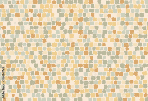 Abstract mosaic pattern featuring a harmonious blend of pastel-colored squares in soft earthy tones creating a seamless background for artistic and decorative designs