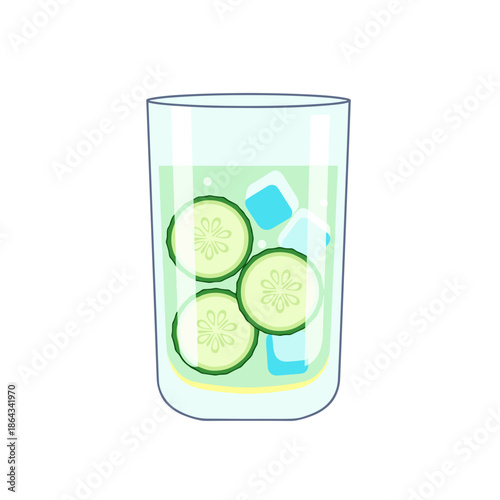 Refreshing cucumber water with ice cubes in a clear glass  