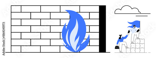 Cybersecurity, teamwork, data protection, resilience, digital safety, collaboration. A firewall symbol and two people working together. Cybersecurity and teamwork visual