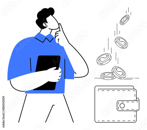 Financial planning, money management, savings, investment decisions, personal budget, digital payments. A person holding a tablet, coins falling into a wallet. Financial planning and savings